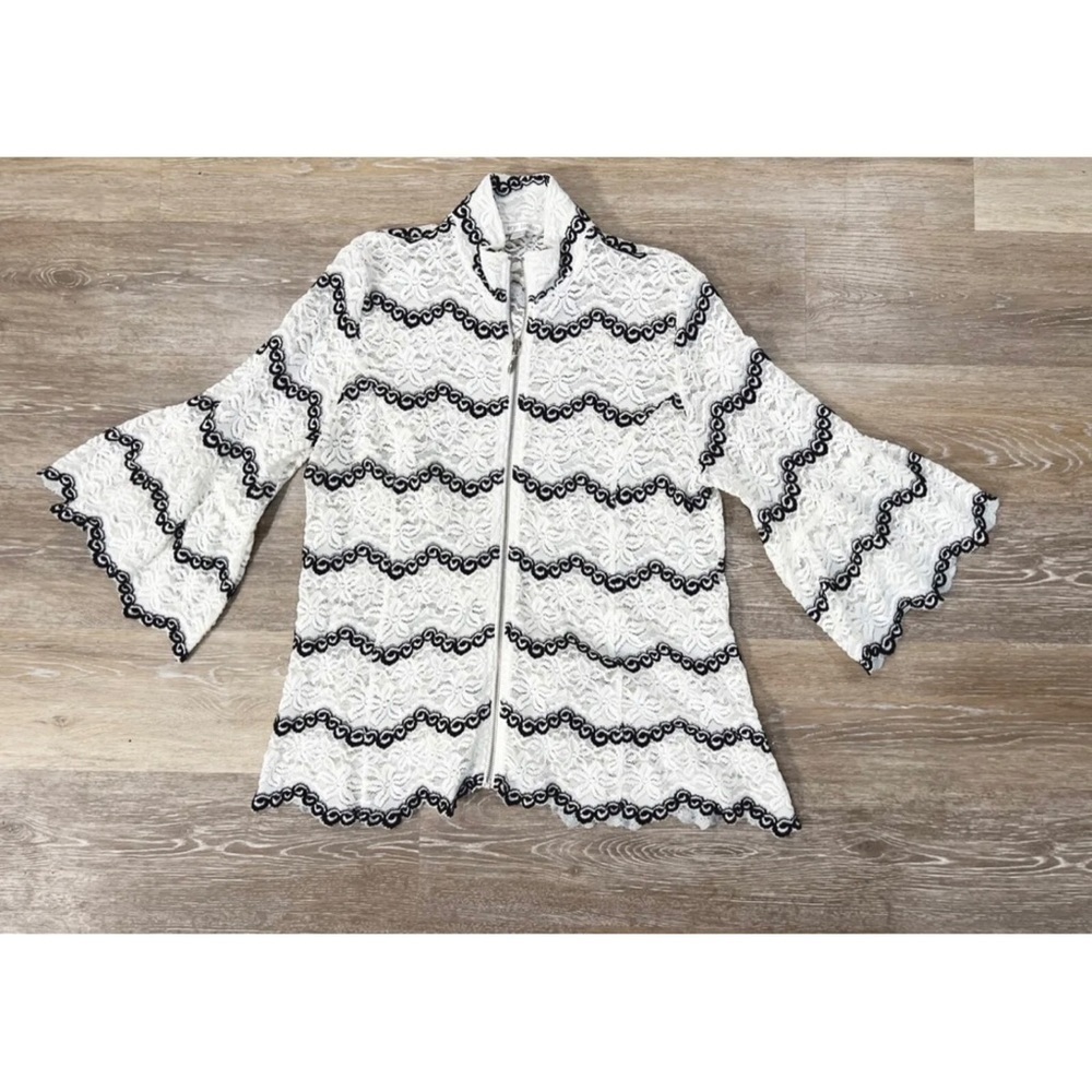Erin London Sz PS White Black Stretch Lace Full Zip Up Swing Jacket Minimalist